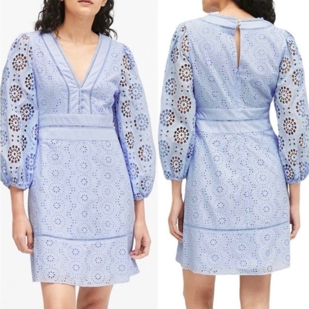 Banana Republic Dress Light Blue V-Neck Eyelet Dress Size 6